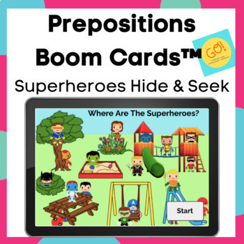 Preview of Prepositions & Describing Boom Cards™ - Superheroes Hide and Seek | Teletherapy