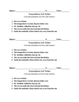 Preview of Prepositions Exit Ticket