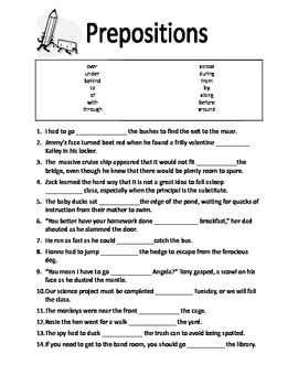 Preview of Prepositions Fill-In Worksheet
