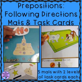 Preview of Prepositions Following Directions Interactive Mats and task cards for Special ed