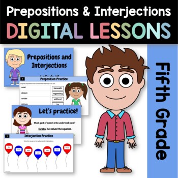 Preview of Prepositions Interjections 5th Grade Interactive Google Slides | Grammar 
