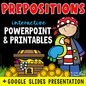 Preview of Prepositions PowerPoint, Worksheets, Posters, & More (+ Google Slides)