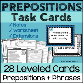 Preview of Prepositions & Prepositional Phrases Task Cards with Notes/Poster & Worksheet