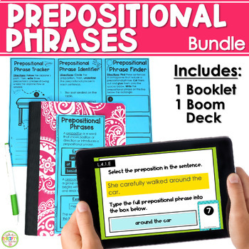 Preview of Prepositions & Prepositional Phrases Activity Bundle: Boom Cards & Worksheet