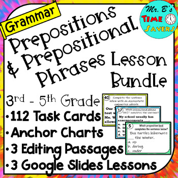 Preview of Prepositions Prepositional Phrases BUNDLE Task Cards Editing Passages & Lessons