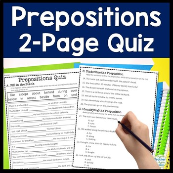 Preview of Prepositions Quiz: 2-Page Prepositions Test with Answer Key