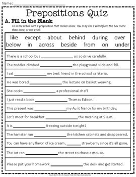 Prepositions Quiz: 2-Page Prepositions Test with Answer Key | TPT