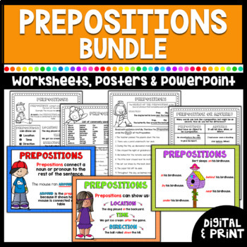 Preview of Prepositions Worksheets, Posters, & PowerPoint | Print & Google Slides