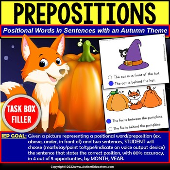 Preview of Prepositions and Positional Words for Autumn Task Box Filler for Autism