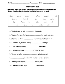 Prepositions and Prepositional Phrases Quiz by Joanna Riley | TpT