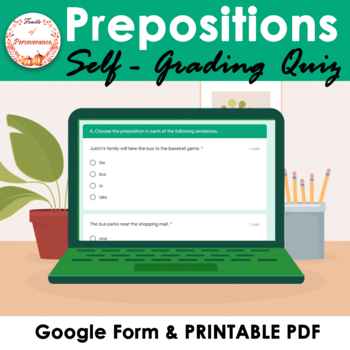 Preview of Prepositions and Prepositional Phrases Quiz for Google Classroom Freebie
