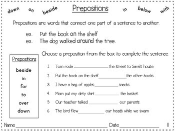 prepositions for beginners practice sheets by brandy shoemaker tpt