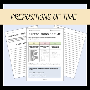 Preview of Grammar Prepositions of Time Writing Worksheet for 8th Grade