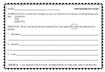 Preview of Prepositions Worksheet and Exit Ticket