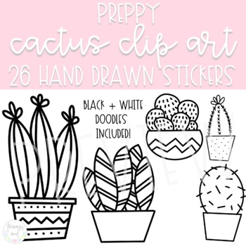 Preppy Cactus Doodles Clip Art | Color + Black and White | TPT