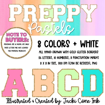 Preview of Preppy Pastels Varsity Patch Hand-Drawn Glitter Letters (Clipart)