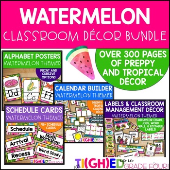 Preview of Preppy Watermelon Classroom Decor Bundle | Tropical and Watercolor