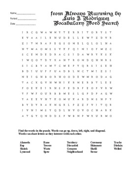 Preview of Prereading Activity: Vocabulary Word Search for from Always Running by Luis J R