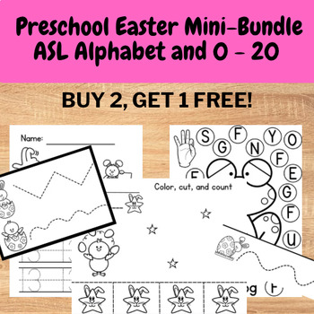 Preview of Preschool ASL Easter Bunny Rabbit Mini Worksheet Bundle Alphabet and 0 - 20
