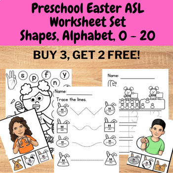 Preview of Preschool ASL Easter Bunny Rabbit Worksheet Set Alphabet Shape, Color and 0 - 20