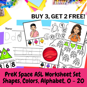 Preschool ASL Space Planets Worksheet Set Alphabet, Shape, Colors, and ...