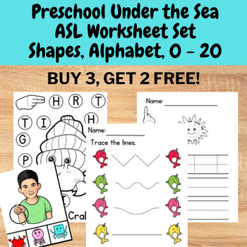 Preview of Preschool ASL Under the Sea Ocean Worksheet Set Alphabet Shape, Color and 0 - 20
