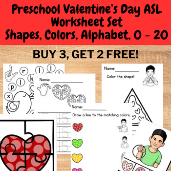 Preview of Preschool ASL Valentine's Day Worksheet Set - Alphabet, Shape, Colors and 0 - 20