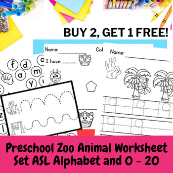 Preview of Preschool ASL Zoo Animal Mini Worksheet Bundle Alphabet and 0 - 20