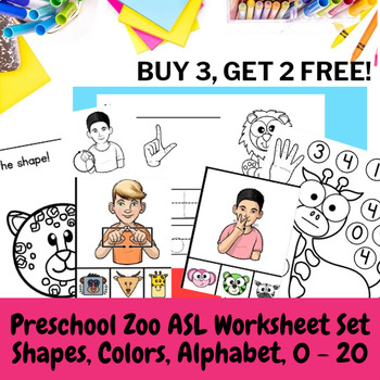 Preview of Preschool ASL Zoo Animal Worksheet Set Alphabet, Shape, Colors, and 0 - 20