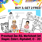 Preschool ASL Zoo Animal Worksheet Set Alphabet, Shape, Co