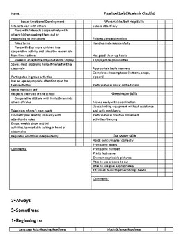 Preview of Preschool Academic/Social & Other Skills Checklist