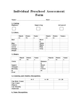 Preschool Assessment Form by Sara Ocampo | Teachers Pay Teachers