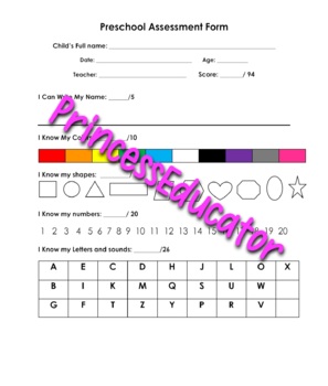 Preschool Assessment Form by Princess Educator | TPT
