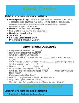 Preview of Preschool Center Signs and Open-Ended Question Examples