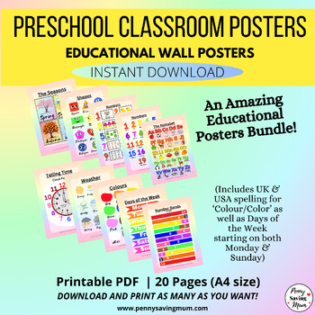 Preview of Preschool Classroom Wall Posters, Numbers, Alphabet Letters, Weather, Seasons