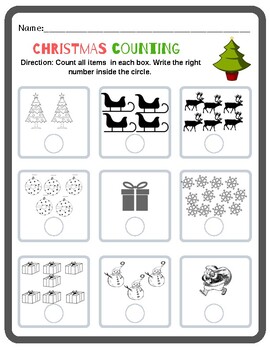 preschool kindergarten counting worksheet christmas tpt