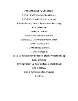 Preschool Daily Schedule Sample by Choose to Include | TpT