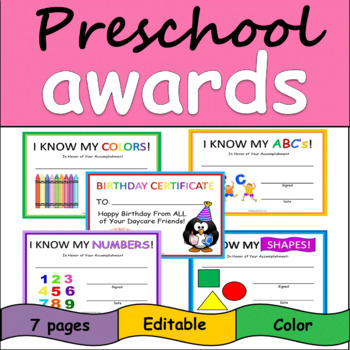 Preview of Preschool & Daycare Awards: Shapes, Numbers, ABC's, Colors, Birthday Certificate
