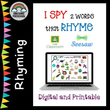 Preview of Preschool Digital & Printable Literacy Activities - I Spy RHYMING words