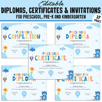 Preview of Preschool Diploma Template, PreK, Kindergarten Diplomas+Certificates+Invitations