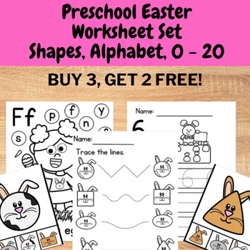 Preview of Preschool Easter Bunny Rabbit Worksheet Set - Alphabet, Shape, color, 0 - 20