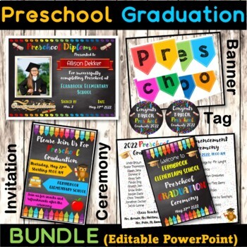Preview of Preschool Graduation Bundle, Editable Diploma, Ceremony Program, Invitation, Tag