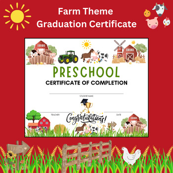 Preview of Preschool Graduation Certificate of Completion Printable Diploma Farm Animals