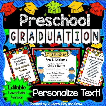 Preview of Preschool Graduation Diplomas Invitations and Program for Ceremony EDITABLE PP