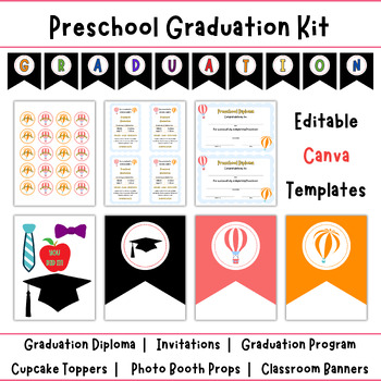 Preview of Preschool Graduation Kit: Hot Air Balloon Themed Editable Canva Template