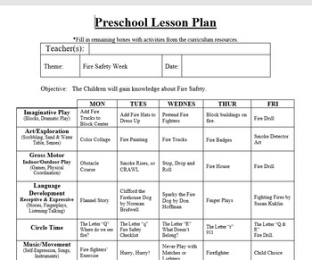 Preschool-Infant Lesson Plan and Detailed Activities- Fire 