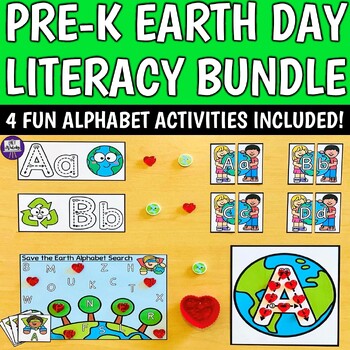 Preview of Preschool Kinder Earth Day Literacy Bundle - 4 April Alphabet Center Activities