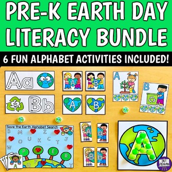 Preview of Preschool Kinder Earth Day Literacy Bundle - 6 April Alphabet Center Activities