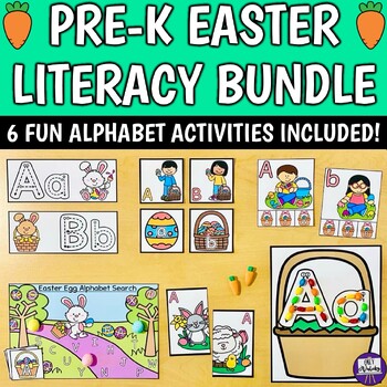 Preview of Preschool Kinder Easter Literacy Bundle - 6 Spring Alphabet Center Activities