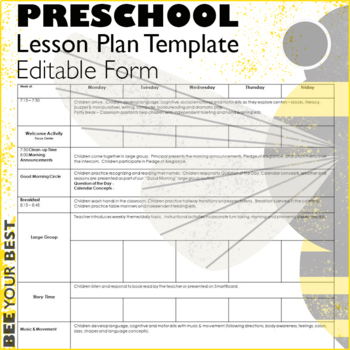 Preview of Preschool Lesson Plan Template - EDITABLE FORM
